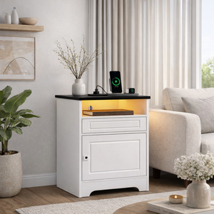 ELVROGEST SA Smart Multifunction <b>LED</b> Nightstand Fingerprint Lock Modern Farmhouse Design <b>Bedside</b> <b>Table</b> Storage Drawer Ambient - Product Image 5