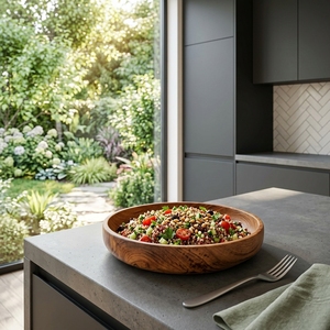 Ensemble d'ustensiles de cuisine en bois de teck massif de qualité alimentaire, bol rond en bois artisanal, bassin peu profond artisanal balinais, plateau à salade - Product Image 2