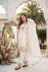 Heavy Embroidered <b>Women</b> Salwar Kameez Set Georgette Chiffon Woven Moisture Wicking Kurta Palazzo Dupatta Party Wedding <b>Outfit</b> - Product Image 6