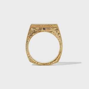 Art Deco Style Statement <b>Rings</b> 14k 18k Solid Gold Round Black Stone Engraved Personalized Minimalist Luxury Unisex Wedding Bands - Product Image 1