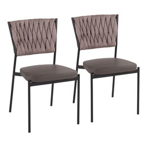 Set di 2 Sedie da Pranzo Contemporanee Tania Intrecciate in Tessuto Marrone Chiaro con Metallo Nero e Ecopelle Grigia - Product Image 1