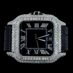 Designer Quartz Movement Square Dial Baguette Cut Moissanite Diamond <b>Black</b> Leather Band Fashion <b>Watch</b> Anniversary Gift for <b>Man's</b> - Product Image 1