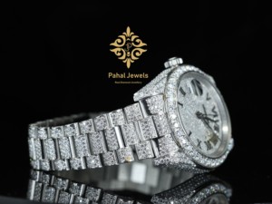 นาฬิกาเพชรสำหรับผู้หญิง Pahal Jewels ขนาด 40 มม. ตัวเรือนสแตนเลสทรงกลม ระบบอนาล็อก ควอตซ์ สายแฟชั่นหรูหรา พร้อมหน้าปัดแสดงวันที่ - Product Image 5