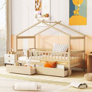 Letto a casetta in legno per bambini, singolo, con due cassetti, colore naturale - Product Image 1