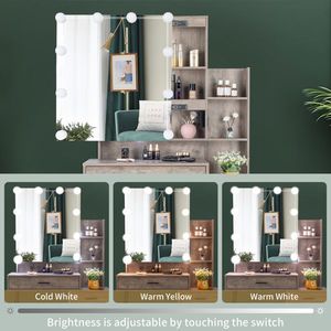 FCH 2-Drawer 1-Door 2-Shelf Grey Dressing <b>Table</b> Set <b>Mirror</b> Cabinet 3-Light Bulbs Triamine Veneer Iron Legs Makeup Vanities - Product Image 4