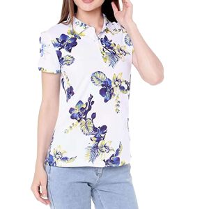 เสื้อโปโลพิมพ์ลายดอกไม้สำหรับผู้หญิง แขนสั้น สไตล์ลำลอง ผ้าทอ สีขาว ลายสีน้ำเงินเหลือง - Product Image 2