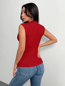 Women's Red Knitted Turtleneck Sleeveless Tank <b>Top</b> Casual Solid Color Regular Length <b>Top</b> - Product Image 3