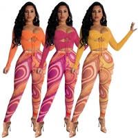 Ensemble 2 pièces pour femmes, haut imprimé à manches longues avec lacets et pantalon long, respirant, coupe ajustée, mode printemps-été