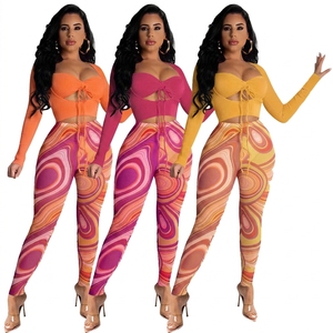 Women's 2 Piece Printed Long Sleeve Lace Up Top With Full Length Pants <b>Set</b> Breathable Skinny Fit Spring Summer Fashion - Product Image 1