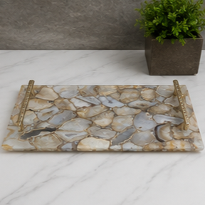 Rectangular Stone <b>Storage</b> Tray With Gold Metal Handles Modern Design Living Room <b>Tabletop</b> Accessory - Product Image 5