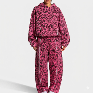 Custom Pink & Black Leopard Print Oversized Contrast Pipping Women <b>Tracksuit</b> Pullover Contrast Lining Hoodie & Jogger For Womens - Product Image 1