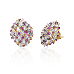 Pink Round White Baguette CZ Stud <b>Earrings</b> for Women Real 925 Sterling Silver, Screw <b>Back</b> - Product Image 2