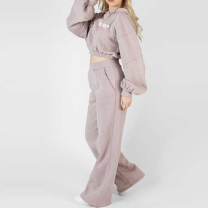 Wholesale streetwear 100%cotton fleece scrunchy <b>string</b> bottom women tracksuits crop <b>top</b> slim fit trouser jogging suits tracksuit - Product Image 1