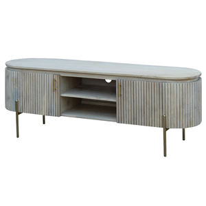 Modern Luxury Nordic <b>Oval</b> Solid Wood <b>TV</b> <b>Stand</b> Modern Japandi Entertainment Center with Fluted Tambour Doors and Brass Legs - Product Image 2