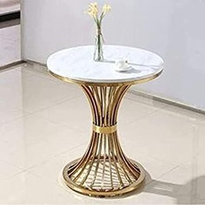Table d'appoint ronde moderne, plateau en contreplaqué aspect marbre blanc avec cadre doré, table d'appoint de luxe pour salon et chambre à coucher - Product Image 1