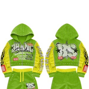 Conjunto de Sudadera con Capucha y Pantalones para Hombre, Estampado Digital Verde y Amarillo, Estilo Urbano, Dos Piezas, con Cierre de Cremallera y Bolsillos con Cordón - Product Image 2