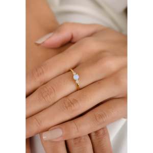 18K Solid Gold Opal Diamond Three Stone <b>Dainty</b> Engagement <b>Ring</b> - Product Image 5