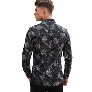 Mens <b>Black</b> Grey Tropical Leaf Print Long Sleeve <b>Button</b> <b>Up</b> <b>Shirt</b> Modern Slim Fit Casual Fashion <b>Shirt</b> for Parties and Vacations - Product Image 2