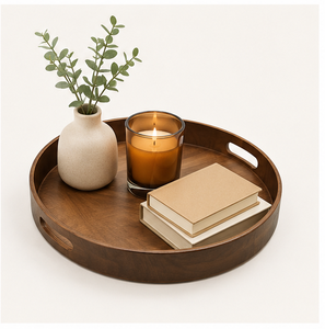 Handmade <b>Round</b> <b>Walnut</b> Wood Serving Tray With Handles Large Decorative Ottoman Tray For <b>Coffee</b> <b>Table</b> Breakfast Serving Platter - Product Image 6