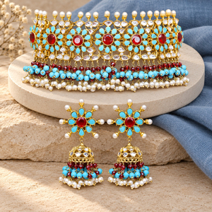 Wholesale Gold Plated Multicolor Kundan <b>Pearl</b> Choker Necklace Earrings <b>Set</b> Bridal Jewelry Bulk Order - Product Image 1