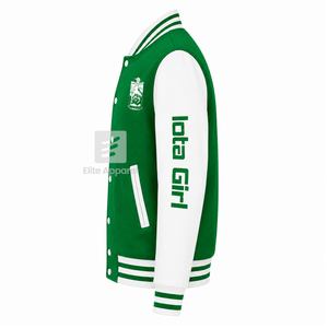 Custom Iota Phi Lambda Sorority Varsity <b>Jacket</b> green and <b>white</b> Full Sleeve Zipper Front banded Collar Embroidered Logo cotton - Product Image 4
