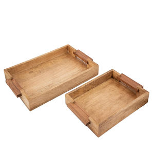Lot de 2 grands plateaux en bois de manguier, poignées, faits à la main, durables, 100% naturels, plateaux de service décoratifs pour table basse et salon - Product Image 1