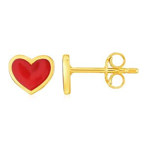 Orecchini a Perno in Oro Giallo 14k con Cuore Rosso in Smalto, Stile Elegante e Lussuoso - Product Image 1