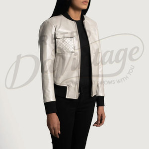Chaqueta Bomber de Cuero Genuino Color Crema para Mujer, con Bolsillos Acolchados, Corte Ajustado, Piel de Oveja Premium, Abrigo Casual de Invierno - Product Image 4