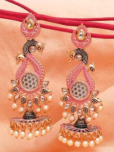 Boucles d'oreilles Jhumka en or rose avec motif paon, bijoux ethniques faits à la main pour mariage - Product Image 5