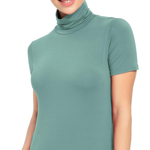 Haut décontracté à col roulé et manches courtes pour femme, en jersey uni, coupe classique, respirant, en coton biologique, été, avec logo vert - Product Image 2