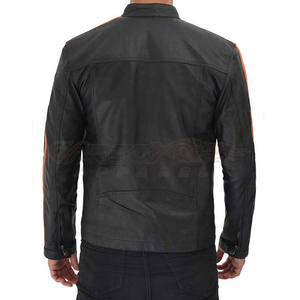 Veste de moto en cuir noir pour homme GARIOX APPAREL OEM, avec rayures orange, manches longues, design protecteur, toutes saisons - Product Image 3