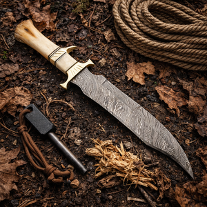 Handmade Camping Bowie <b>Knife</b> with Damascus Steel Clip Point Blade Straight Edge <b>Bone</b> <b>Handle</b> and Leather Sheath - Product Image 5