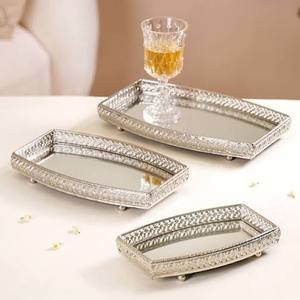 Elegant Polished Metal Serving Trays With Geometric Pattern <b>Rectangular</b> <b>Mirror</b> Top Residential Use - Product Image 1