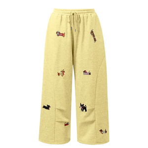 Cosh Sports Embroidered Dog Print Joggers Casual Yellow Loose-Fit Wide-Leg Baggy <b>Jeans</b> with Drawstring Waist - Product Image 2
