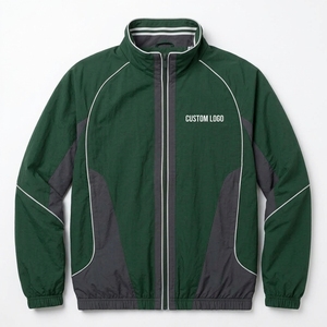 Plus Size <b>Men</b> Nylon <b>Track</b> <b>Jacket</b> Retro Windbreaker Green Grey Panel Piping Sport Full Zip Stand Collar Vintage Sportswear Coat - Product Image 2