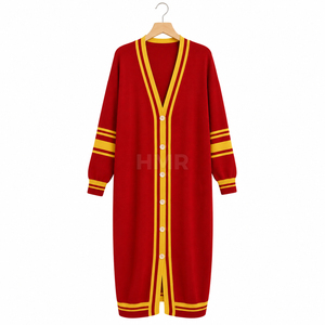 HMR Sisterhood Sorority Cardigan en acrylique rouge tricoté à manches longues, col en V, longueur intégrale avec bordure jaune contrastée - Product Image 1