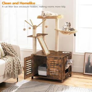 Cat Tree Litter Box Enclosure, 44"Tall Wooden Cat Tower <b>Scratching</b> <b>Post</b>, Cat Hammock, All-in-One Indoor Cat Condo, Rustic Brown - Product Image 2