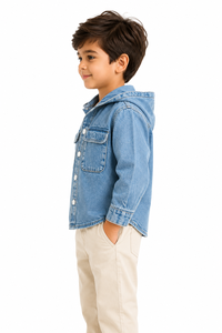 Chaqueta de Mezclilla con Capucha para Niños, Chaqueta Casual Azul con Botones, Abrigo con Capucha de Algodón Suave, Ropa Exterior Ligera para Niños - Product Image 2