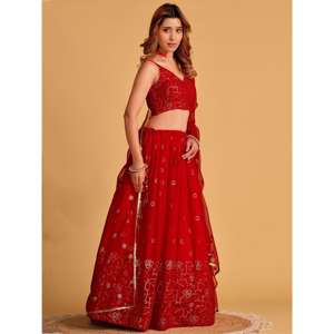 Spectacular <b>Red</b> <b>Sequins</b> Georgette Reception Wear Lehenga Choli - Product Image 4