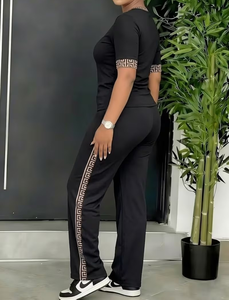 Women 2-Piece Knitted Set Black Short Sleeve Top With Geometric Print Side Stripe Pants Casual All Seasons Loose Fit - Product Image 3