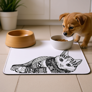 Tapete Antideslizante Zen Tangle Blanco y Negro de 44 x 28 cm para Platos y Comederos de Mascotas - Product Image 3