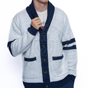 Cardigan en acrylique gris clair pour homme, bordure marine, manches longues, broderie grecque, pull pour homme, tenue scolaire/universitaire - Product Image 1