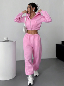 Conjunto de Sudadera Corta con Capucha y Pantalones Jogger de Forro Polar Rosa Personalizado de Lujo para Mujer, Chándal de 2 Piezas de Forro Polar Grueso Liso - Product Image 5