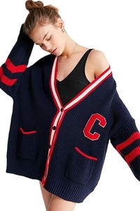 Cárdigan de punto para mujer, manga larga, cuello en V, estilo preppy, contraste de color, cierre con botones, aplique con la letra H, alta calidad - Product Image 6