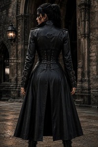 Trench-coat gothique en cuir pour femme, style steampunk, long manteau noir avec corset - Product Image 2