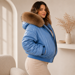 Women's Genuine Leather Puffer Jacket with Plaid Pattern <b>Fox</b> <b>Fur</b> Collar Zipper Closure Thin Windproof Winter Streetwear - Product Image 6