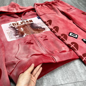 Conjunto de Sudadera y Pantalones Deportivos de Felpa Francesa con Estampado Personalizado, Estilo Vintage, Lavado Ácido, Corte Holgado para Hombre - Product Image 5