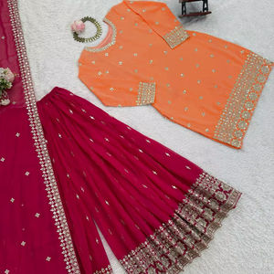 Ensemble Sharara Plazza pour femme en Faux Georgette, richement brodé, avec Dupatta, robe ethnique traditionnelle de mariage à manches longues, effet froissé - Product Image 1