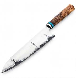 Couteau de chef artisanal en acier San Mai à haute teneur en carbone, manche en bois de burl avec accent turquoise, outil culinaire - Product Image 3