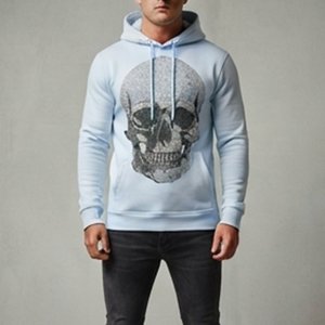 Sweat-shirt à capuche bleu clair pour homme avec logo personnalisé, imprimé crâne, coupe classique, en coton tricoté, décontracté, pour l'automne, vente en gros - Product Image 1